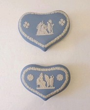 2 X Vintage Wedgewood Jasperware Heart Shaped Blue & White Trinket Boxes & Lids 