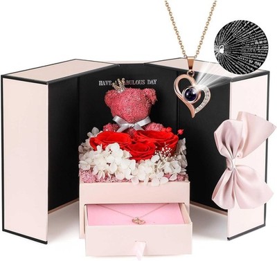 Eternal Red Rose Gift Set with 100 Languages I Love You Necklace & Moss Bear