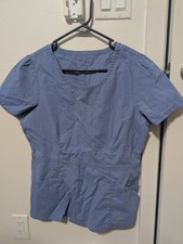 Jaanuu Round Neck Front Pocket Scrub Top Light Blue Gold Side Zipper Medium