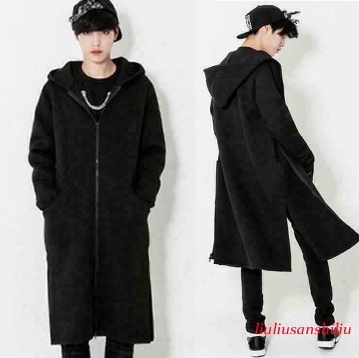Punk Gothic Men's Long Cardigan Hoodie Coats Zip Up Jacket Casual Trench Hooded