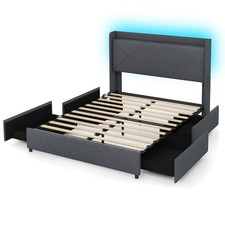 Queen Size Bed Frame w/LED Lights Charging Station 2 Storage Pockets  4 Drawers
