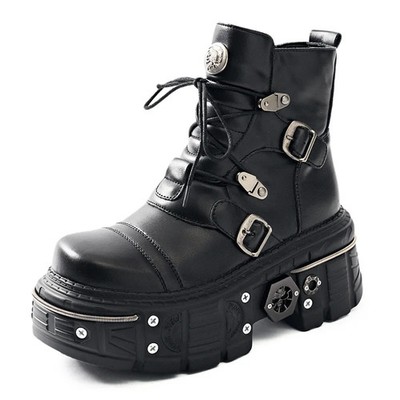 Men Women Punk Style Ankle Boots Thick Bottom Metal Decoration Buckle Strap Shoe