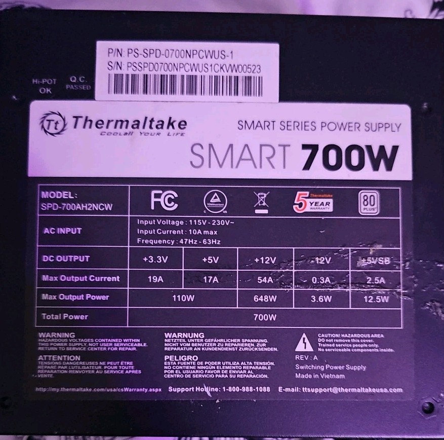 Thermaltake Smart 700W Power Supply SPD-700AH2NCW Tested 80+ Bronze