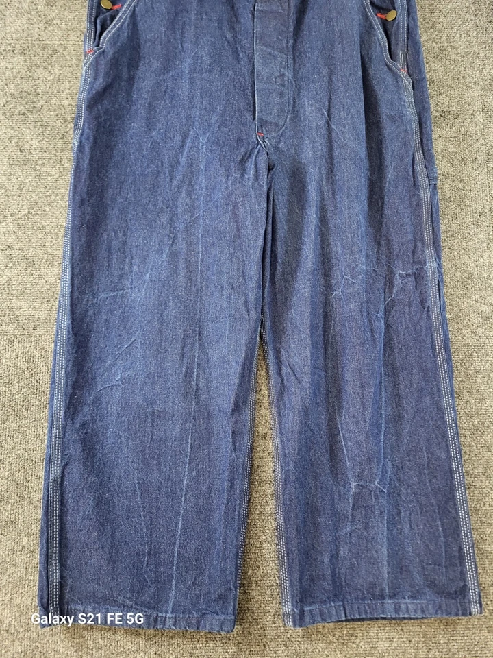 Red Kap Denim Bib Overalls Men 40x26 Blue Darker Wash Farmer Brown Garden Ranch - Image 3 of 4