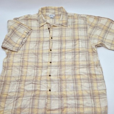 Casual Classic ResortWear Button Down Men 2L YLW 100% Linen Plaid Short Sleeve