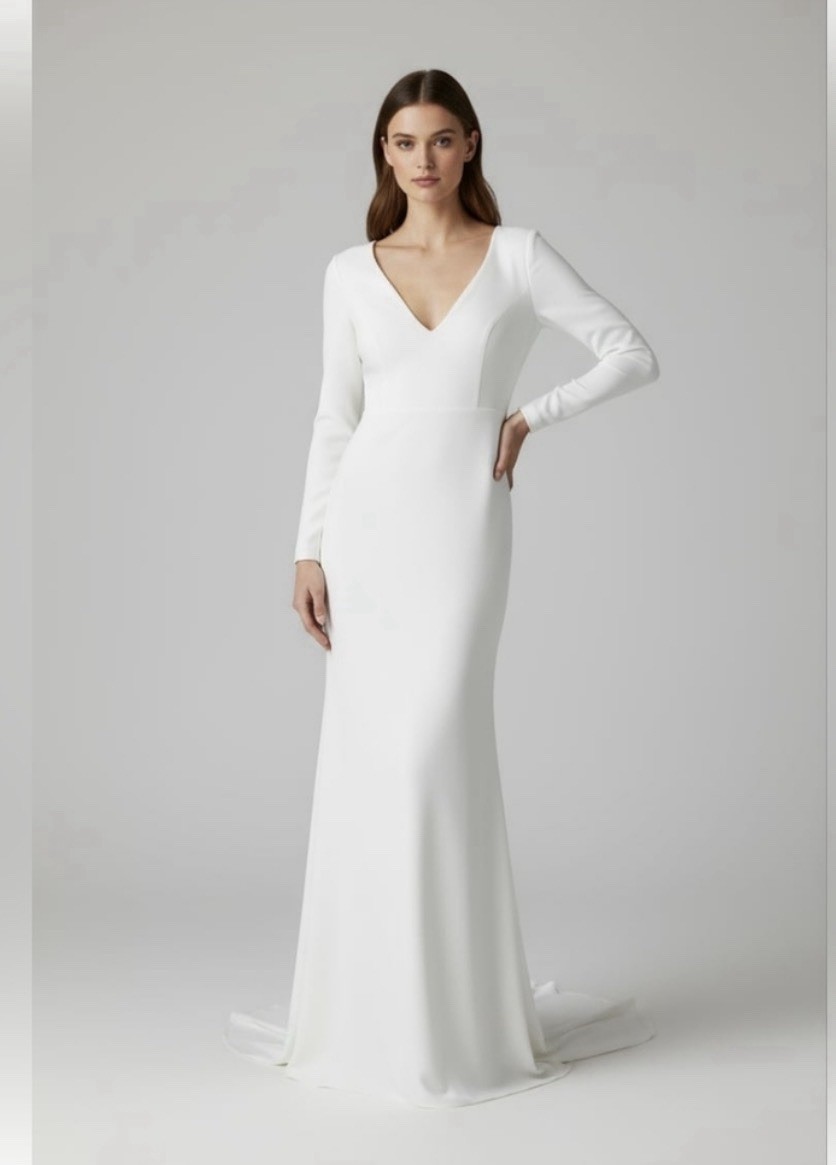 Lulus Long Sleeve White Bridal Gown with V-neck & Button Back Detail