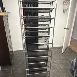 Freestanding Metal Shoe Rack Organizer with Wheels, Black/Silver