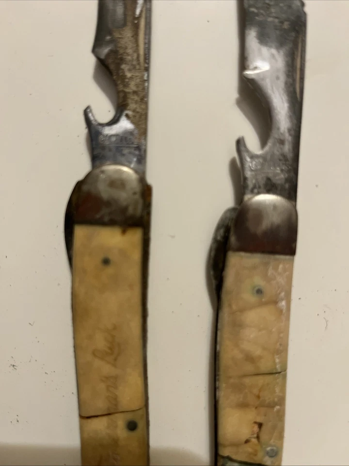 Lote 2 facas grandes vintage Camillus EUA Yellow Delrin 5 pesca com afiador de gancho - Imagem 3 de 4