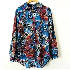 French Dressing Jeans FDJ Button-Down Blouse 6 Peacock Paisley Blue 