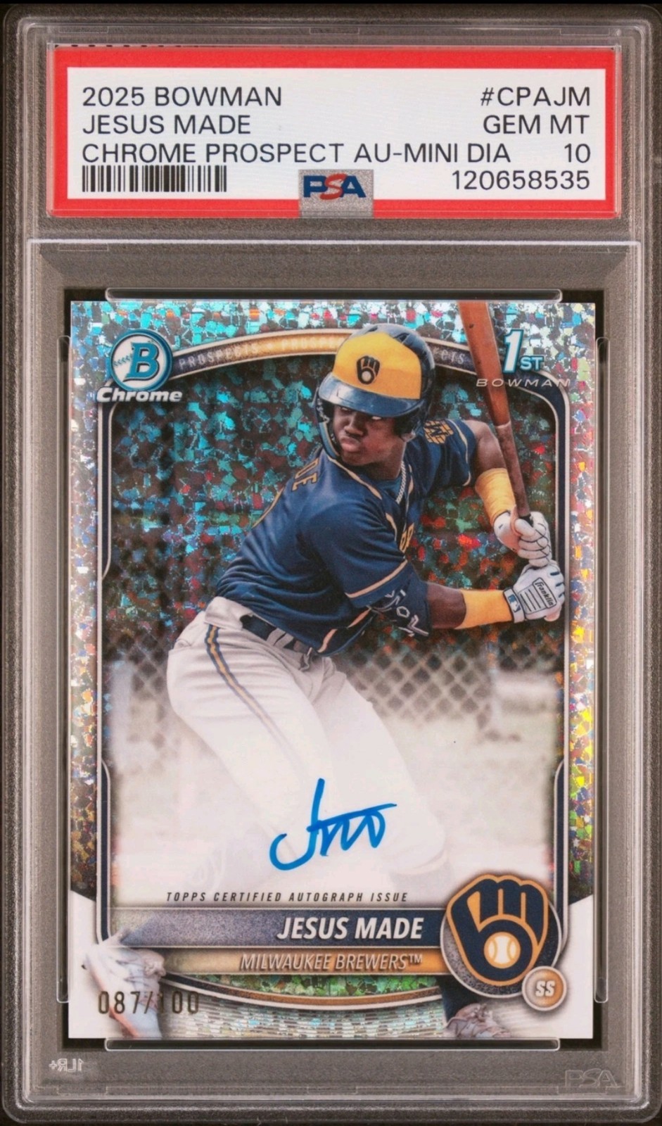 2025 BOWMAN CHROME PROSPECT AUTO MINI DIAMOND #CPAJM JESUS MADE 87/100 PSA 10