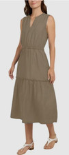 Lands' End Women's Lyocell tiered Midi Dress Elastic Waist Tan V-Neck L