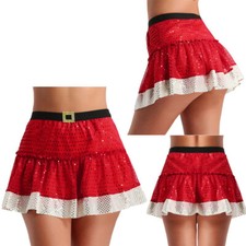 Women Girls Christmas Costume Santa Tutu Skirt Glitter Sequin Dance Short Skirts