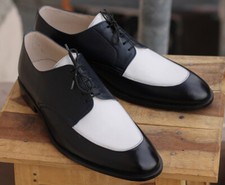 Handmade Bespoke Men's Black  White Color Genuine Leather Lace Up Oxford Shoes