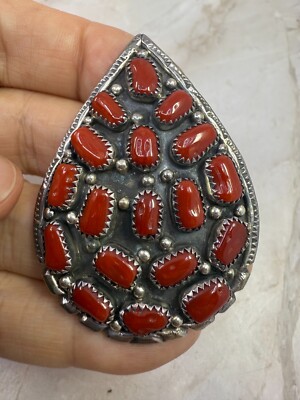 Jean Dixon Navajo Native American Coral And Sterling Silver Brooch 2.5 x 1.75'