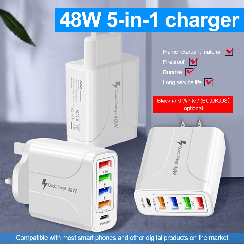 5 Multi Port USB Hub Charger Station Wall Fast Charger PD Power Adapter US Plug