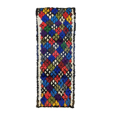 Moroccan Handmade Vintage Rug 2'2''x6'4'' Berber Geometric Blue Wool Tribal Rug.