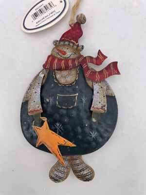 Giftcraft-Snowman Blue Overalls and Red Scarf w/Star Tin Ornament 5.5-#682491B