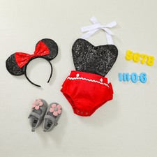 NEW Minnie Mouse Baby Girls Sequin Romper Jumpsuit  Ear Headband Outfit Set