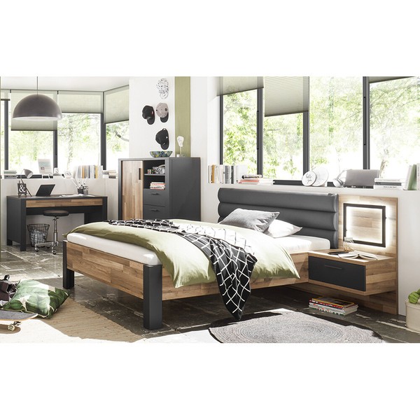 Jugendzimmer Set Schreibtisch Highboard Bett Nachtschrank Eiche Grau Softclose-image