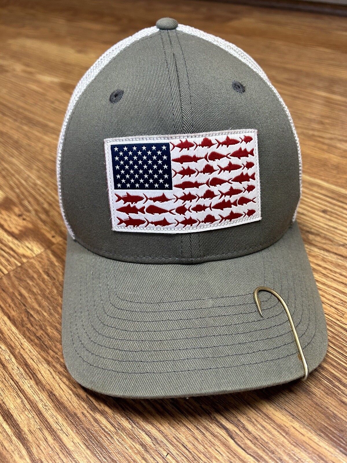 Columbia PFG Fishing Hat American Flag Made of Fish Gray & White eBay