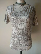 ST.JOHN Yellow Label Knit Top Short Sleeve Geo-print Brown Cream Sz.M