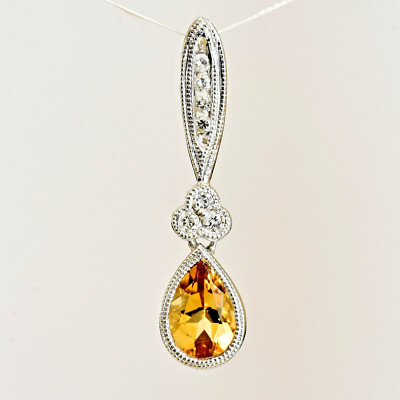 Natural Citrine and Genuine Diamond Pendant in 9K White Gold Lovely Quality NEW