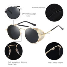 Retro Gothic Steampunk Sunglasses Black, Gold Polarized Metal Frame Glasses 10