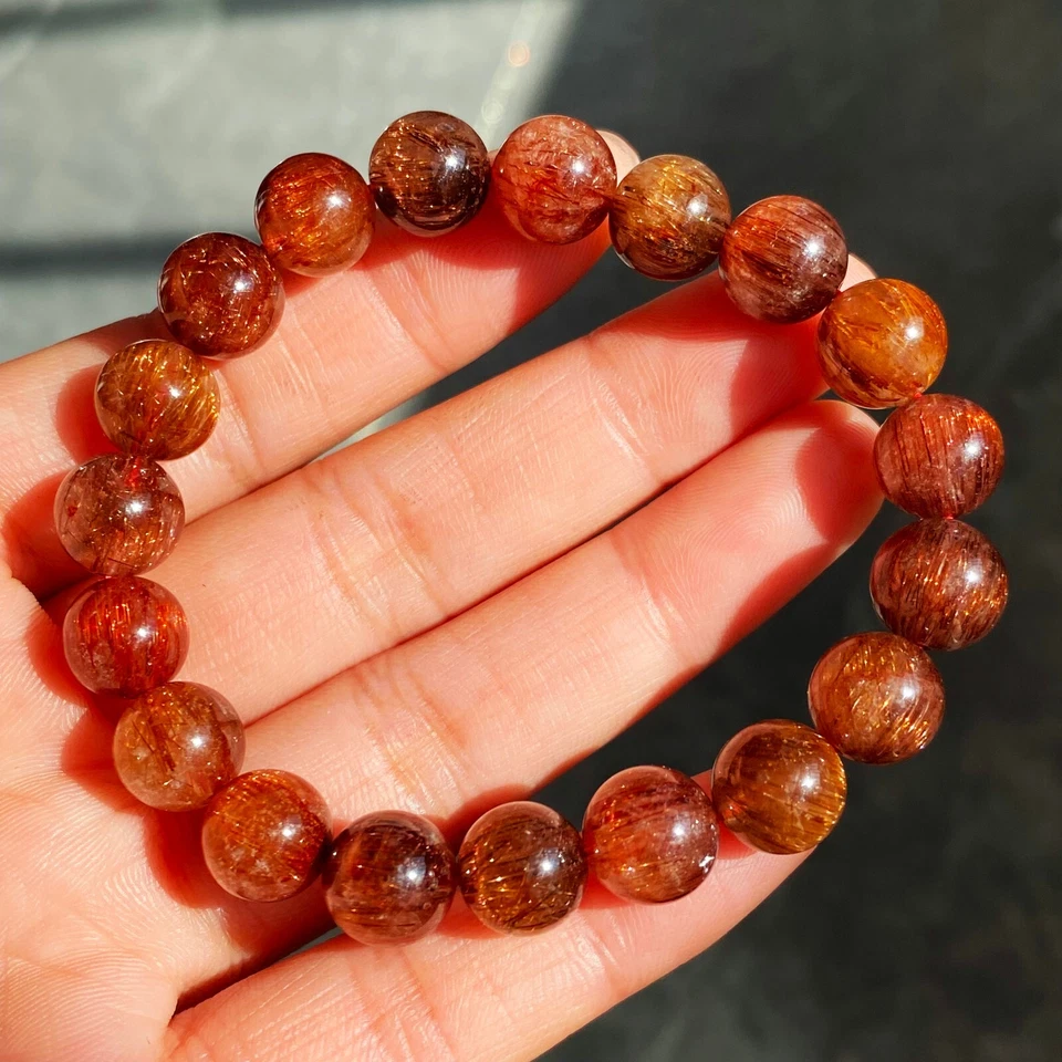9.5mm Natural Copper Rutilated Quartz Crystal Stretch Beads Bracelet AAAA 13 - Image 4 of 4