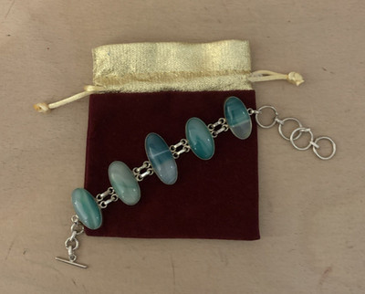 Silberarmband mit 5 ovalen Cabochon aquagrünen Edelsteinen - Vintage - gebraucht