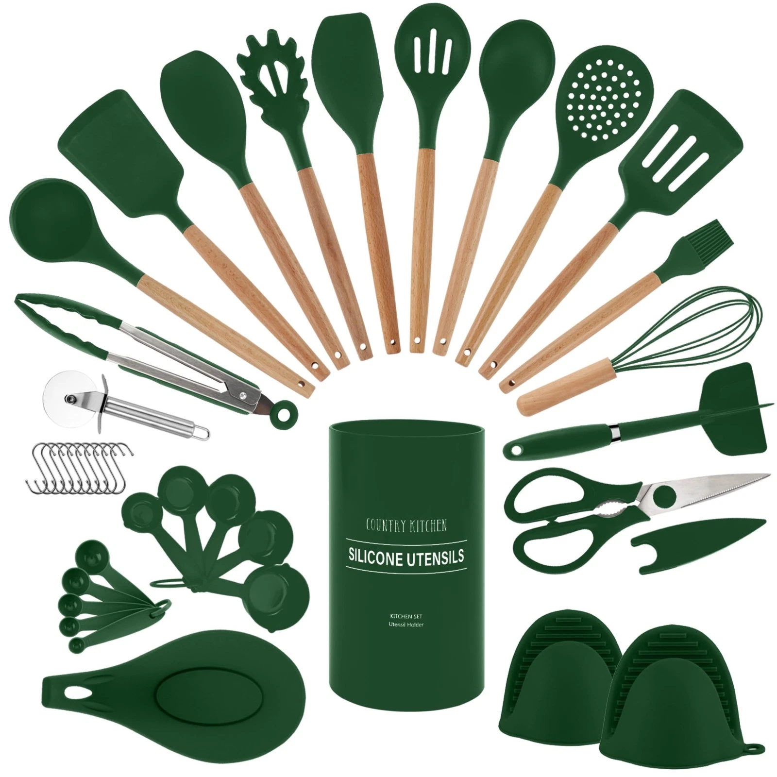 Non Stick Silicone Utensil Set with Rounded Wood Handles for Cooking and Baki...