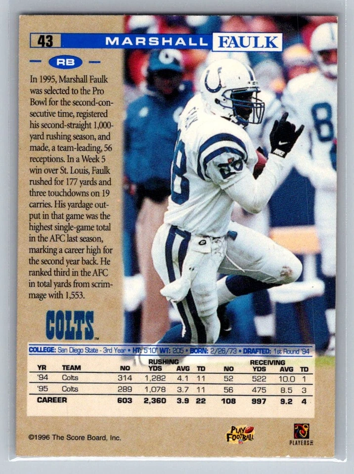1996 Pro Line Football #43 Marshall Faulk - VG - Indianapolis Colts - Image 2 of 2