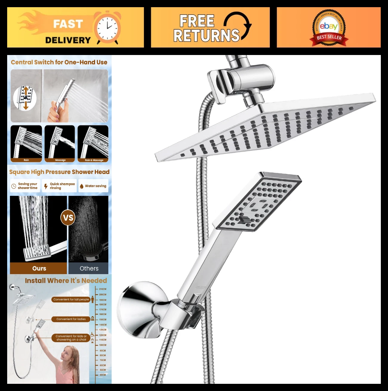 High Pressure 8" Rain Shower Head Combo with Handheld Spray & 60" Hose, Chrome