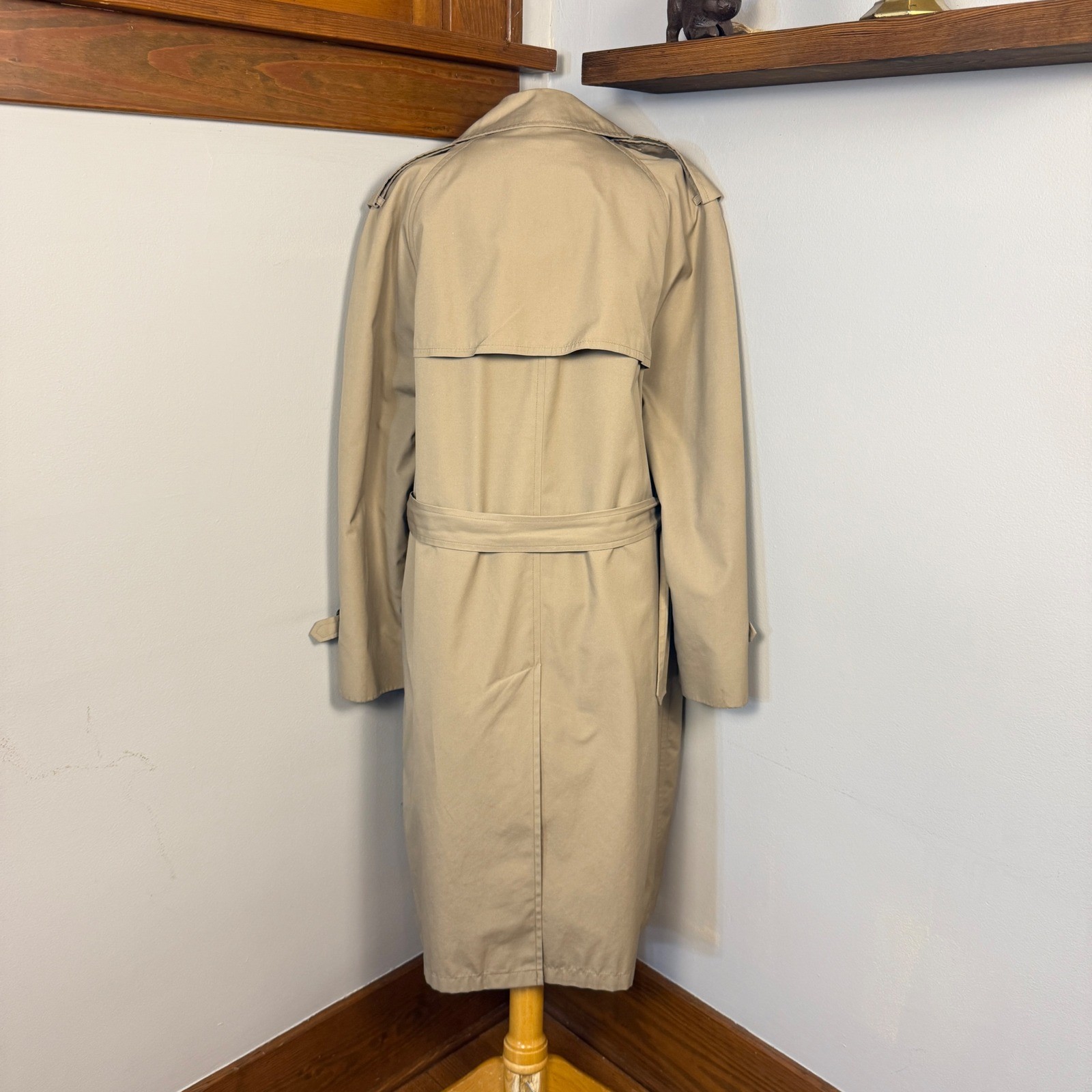 Vintage Beige Double Breasted Trench Coat With Lined Interior Belt Accent