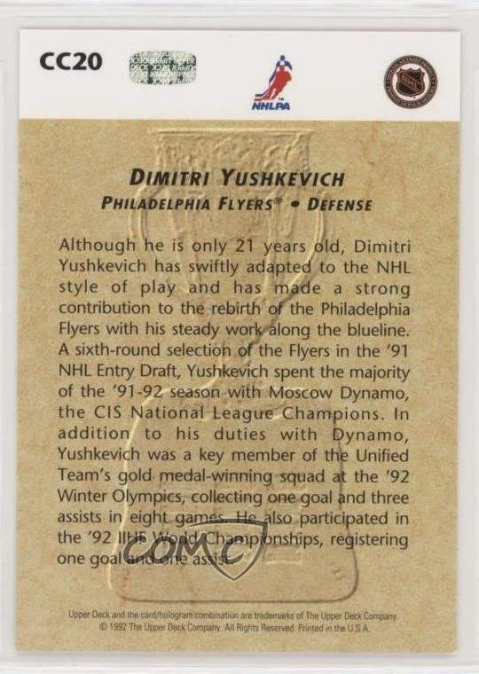 1992-93 Upper Deck Calder Candidates Dmitri Yushkevich #CC20 Rookie RC - Image 2 of 2