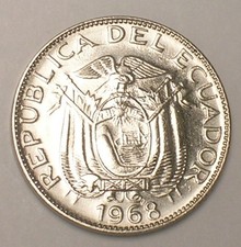 1968 Ecuador Ecuadoran 10 Centavos Arms Coin XF+