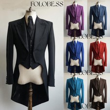 3Pcs Mens Suit Dinner Evening Tailcoat Peak Lapel Tuxedos Blazer Business Jacket