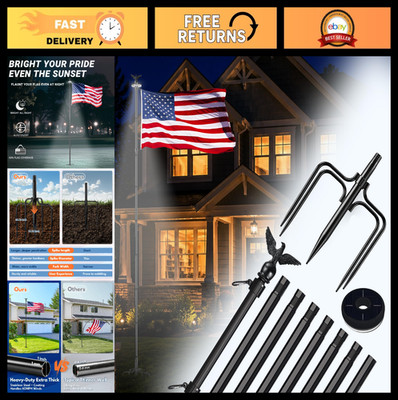 12 FT In-Ground Flag Pole with Solar Light, Heavy Duty 5-Prong Base, Yard & Gard