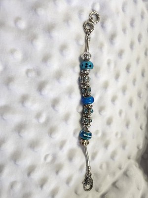 Silvertone Snake Chain Charm Bracelet Blue Glass Beads Crystal Spacers