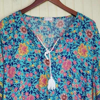HALIFE Dress Womens XXL Blue Floral 3/4 Sleeve V Neck Kaftan Knee Length Boho