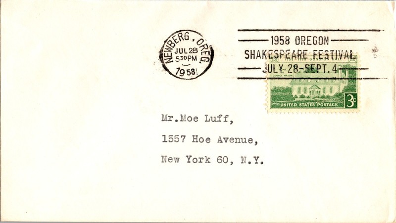 1958 Oregon Shakespeare Festival - Newberg ORE Slogan Postmark - July 28 1958
