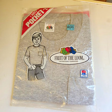 VTG 1987 Fruit of The Loom Boys Pocket T-Shirt Grey Sealed Deadstock NOS 10-12