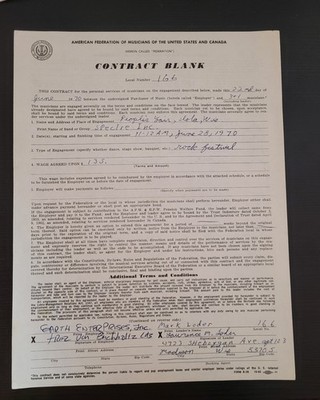 1970 Spectre Inc. Rock Festival Music Contract People's Fair Wisconsin Signed