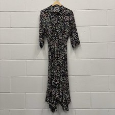 Hush Floral Midi Dress UK 10 Black Button Front Elastic Waist Boho