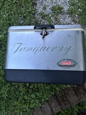 Vintage COLEMAN 6150 54 Quart STAINLESS STEEL Belted COOLER Tanqueray on Front
