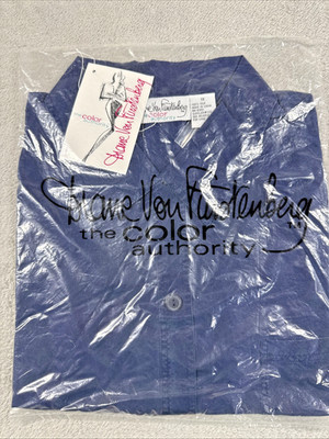 Vintage Diane Von Furstenberg Women's Short Sleeve Silk Big Shirt Navy 1X NWT
