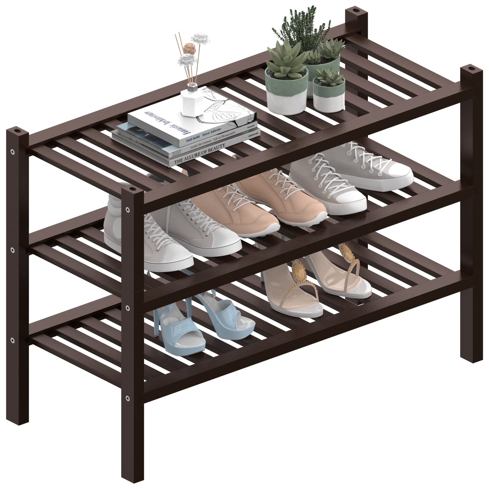 3-Tier Thick Bamboo Shoe Rack Organizer – Free-Standing Closet Storage Shelf