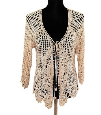 WORTHINGTON crochet bolero shrug women s Large Tan Beige Open-Front 3/4 Sleeve 