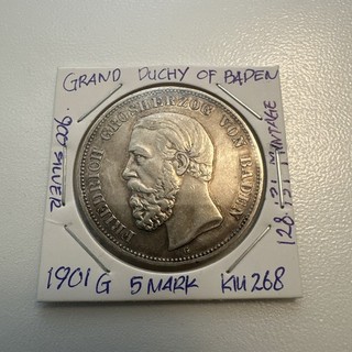 1901 G alemán 5 marcos Baden .900 plata fina 128 131 como nuevo km#268