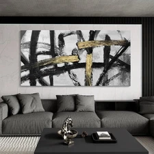 Abstract Living Room Wall Art - Large Black and White Gold Abstract Lines Bed...