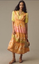 Farm Rio x Anthropologie Women Midi Dress Vacay Tropical Tiered Preppy XXS NWT